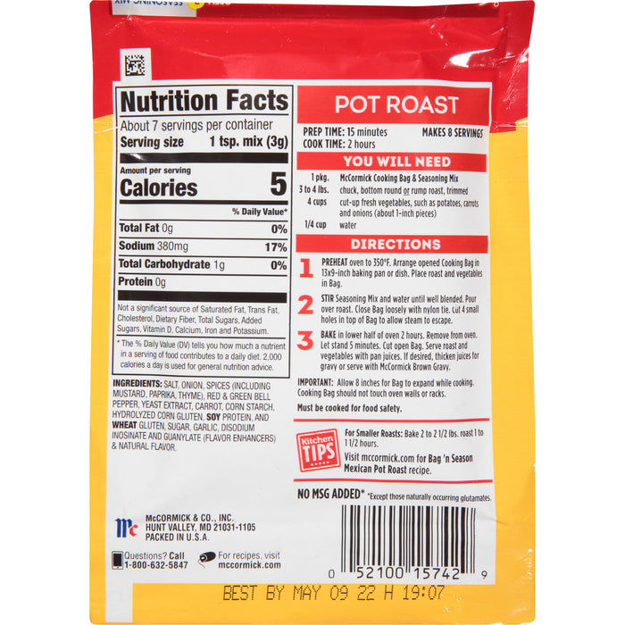 ['McCormick Pot Roast Seasoning Mix package with nutrition facts, directions, and cooking tips.']
