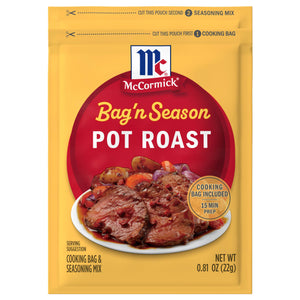 A yellow package of Mccormick Bag N Season Regular Pot Roast Seasoning Mix &amp; Cooking Bag .81 Oz featuring a serving suggestion of sliced beef with potatoes and carrots.