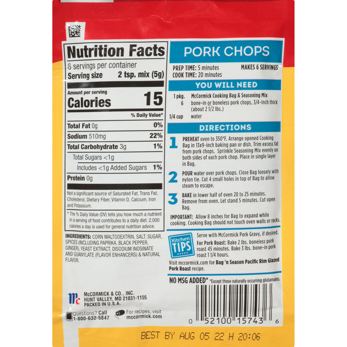 ['McCormick Pork Chops Cooking Bag &amp; Seasoning Mix nutrition facts and directions.']