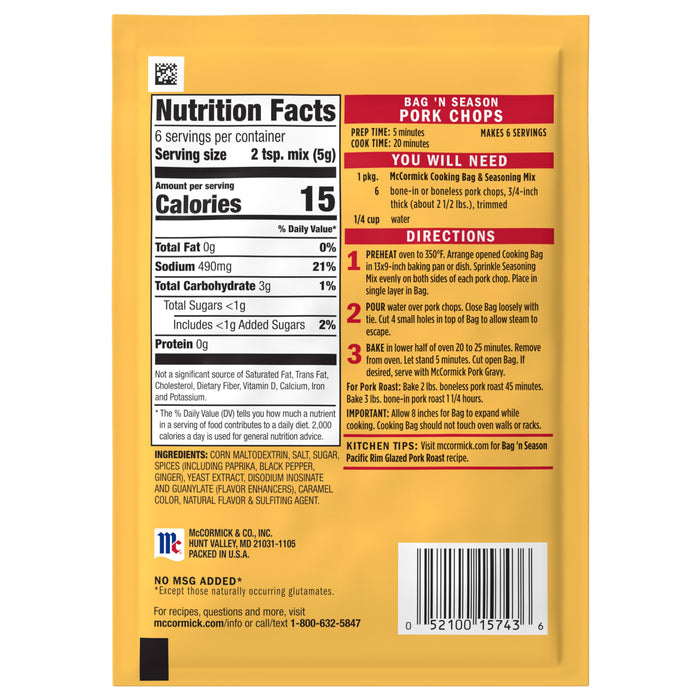 The back of a package of Mccormick Bag N Season Regular Pork Chop Seasoning Mix &amp; Cooking Bag 1.06 Oz displays nutrition facts, ingredients, and step-by-step cooking directions for pork chops and pork roast.