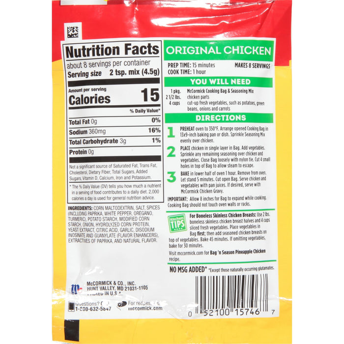 ['McCormick Original Chicken Cooking Bag instructions and nutritional information.']