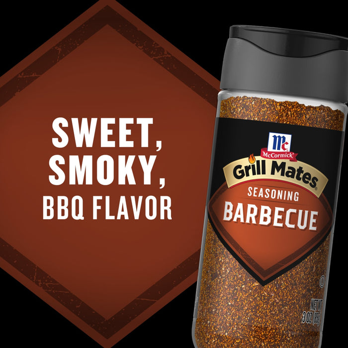A bottle of Mccormick Grill Mates Barbecue Seasoning, filled with a reddish-brown spice blend, is displayed against a black background with a brown diamond shape to the left featuring the text SWEET, SMOKY, BBQ FLAVOR.
