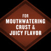 A brown, distressed diamond-shaped graphic features white text that reads 'FOR MOUTHWATERING CRUST &amp; JUICY FLAVOR', promoting a key benefit of Mccormick Grill Mates Barbecue Seasoning.