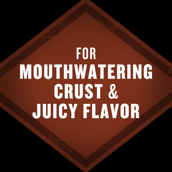 A brown, distressed diamond-shaped graphic features white text that reads 'FOR MOUTHWATERING CRUST &amp; JUICY FLAVOR', promoting a key benefit of Mccormick Grill Mates Barbecue Seasoning.