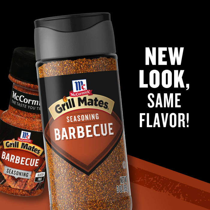 A bottle of McCormick Grill Mates Barbecue seasoning is featured with the text New Look Same Flavor!