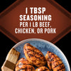 A plate of grilled chicken breasts and a basting brush are shown with text indicating '1 TBSP seasoning per 1 LB beef, chicken, or pork', demonstrating the application of Mccormick Grill Mates Barbecue Seasoning.
