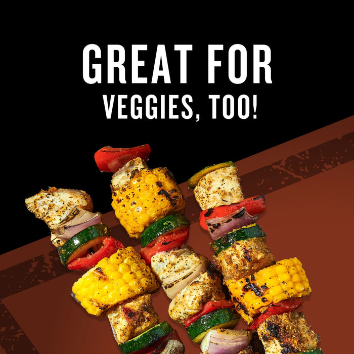 Grilled vegetable skewers with corn, zucchini, red pepper, and onion are shown with the text Great for veggies, too!