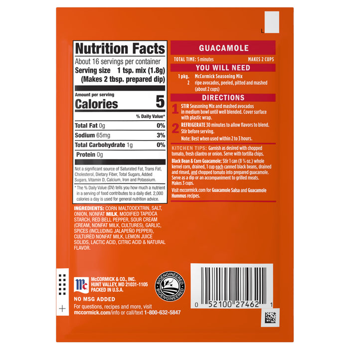 McCormick Guacamole Seasoning Mix package with nutrition facts, ingredients, directions, and kitchen tips.