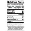 Nutrition facts label for a product with 5 calories per serving.