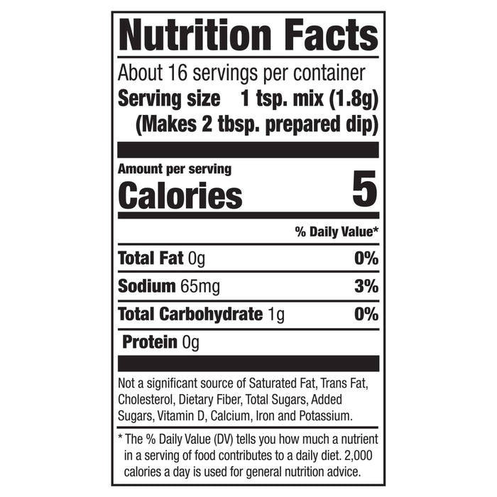 Nutrition facts label for a product with 5 calories per serving.