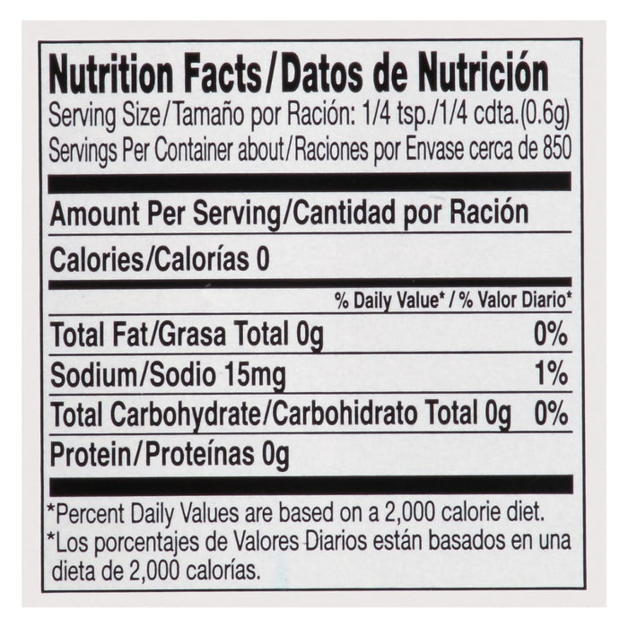 Nutrition facts label for a product with 0 calories 0g fat 15mg sodium 0g carbohydrates and 0g protein.