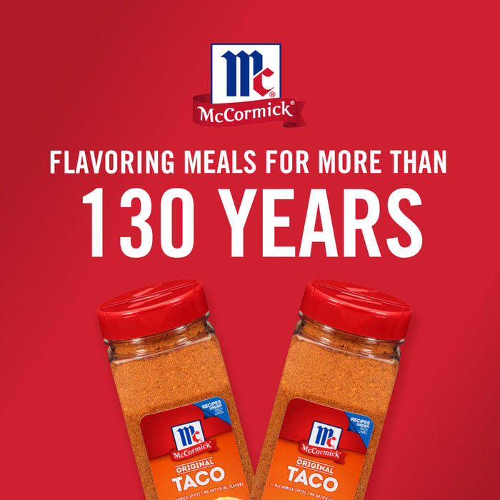 Two McCormick Original Taco seasoning jars on a red background with the McCormick logo and the text Flavoring meals for more than 130 years.