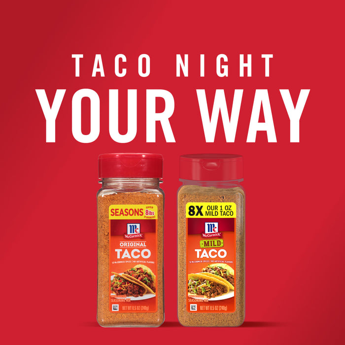 Two McCormick Taco Seasoning jars one original and one mild on a red background with the text Taco Night Your Way.