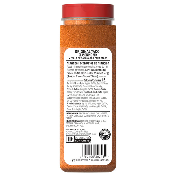 The back of a large container of Mccormick Taco Seasoning Mix 24 Oz is shown, detailing the nutrition facts and ingredients.