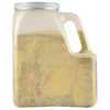 A clear plastic container with a handle filled with a yellow powder.