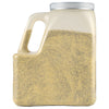 A clear plastic container with a silver lid filled with a yellow powder.