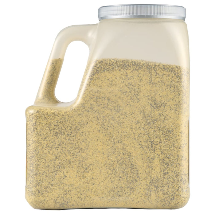 A clear plastic container with a silver lid filled with a yellow powder.