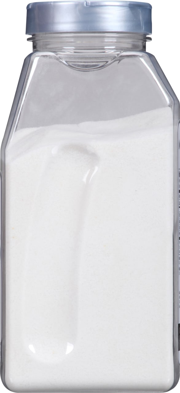 A clear plastic jar filled with white powder.
