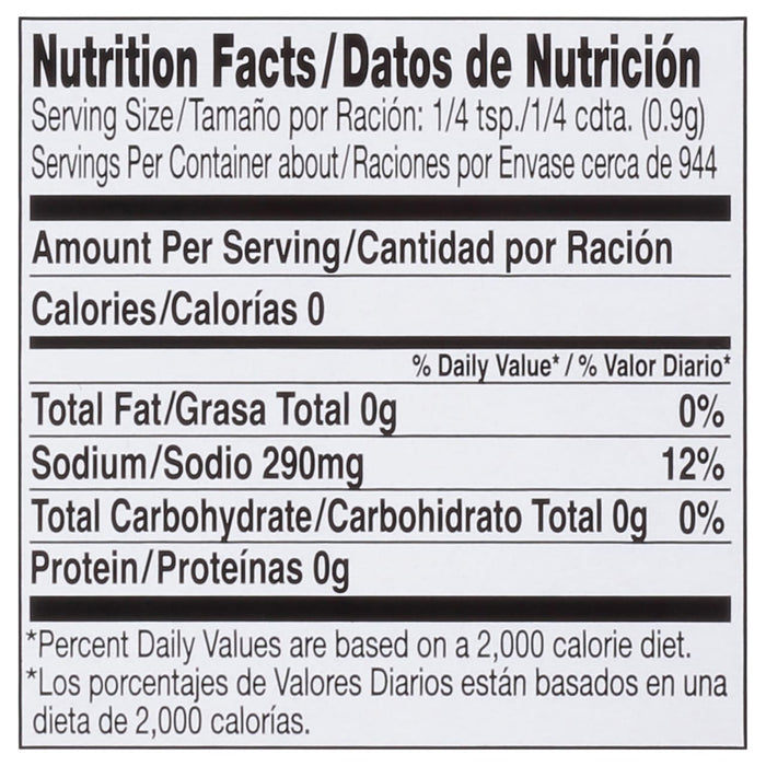 Nutrition facts label for a product with 0 calories 0g fat 290mg sodium 0g carbohydrates and 0g protein.