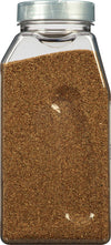A clear plastic jar filled with brown caraway seeds.