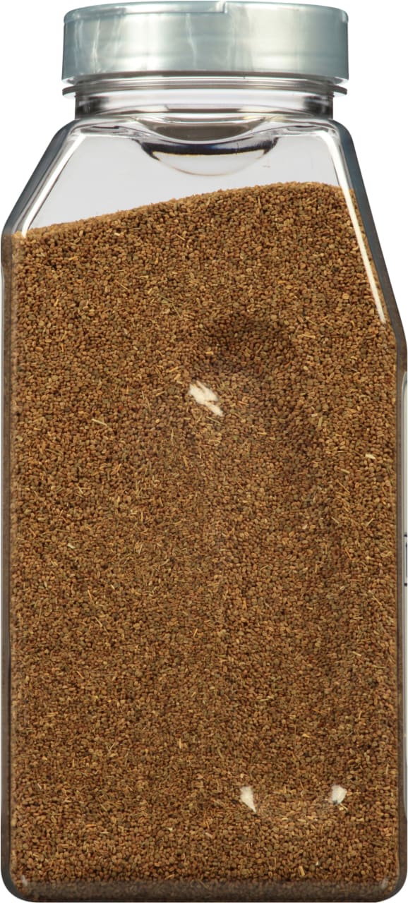 A clear plastic jar filled with brown caraway seeds.