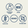 This image shows icons indicating the product contains no artificial flavors, no MSG, is gluten-free, kosher, and contains no corn syrup.