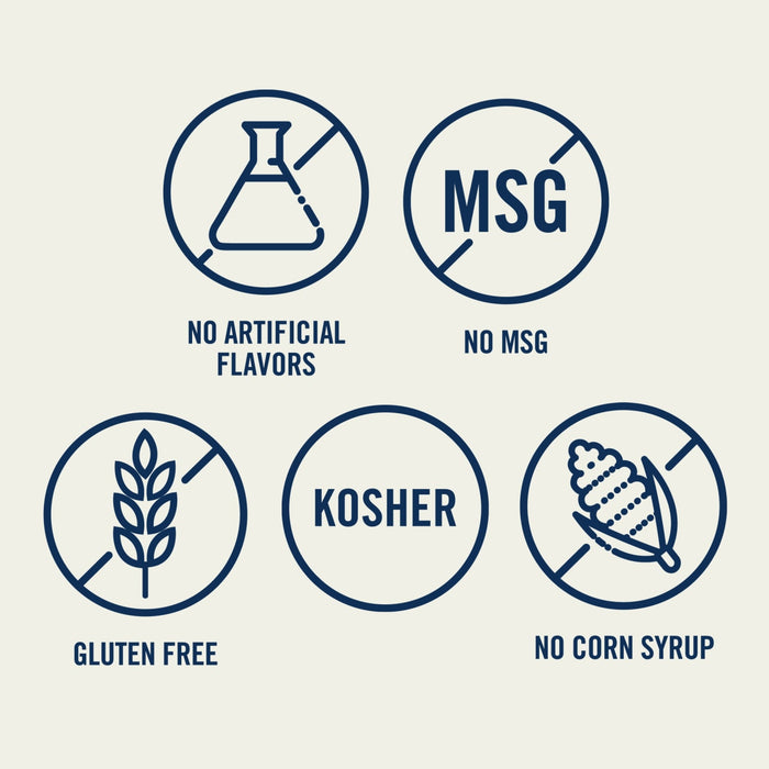 This image shows icons indicating the product contains no artificial flavors, no MSG, is gluten-free, kosher, and contains no corn syrup.