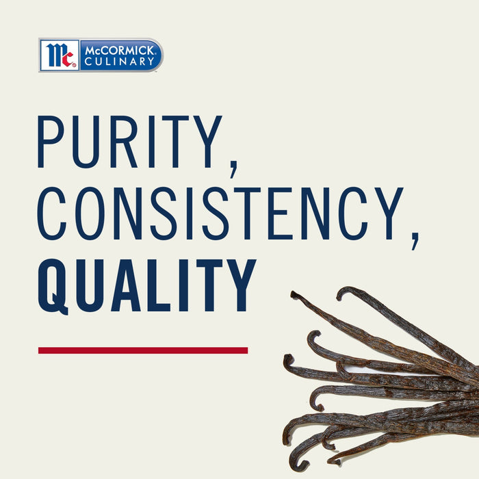 The McCormick Culinary logo with the words purity consistency quality and a red line underneath with vanilla beans in the bottom right corner.