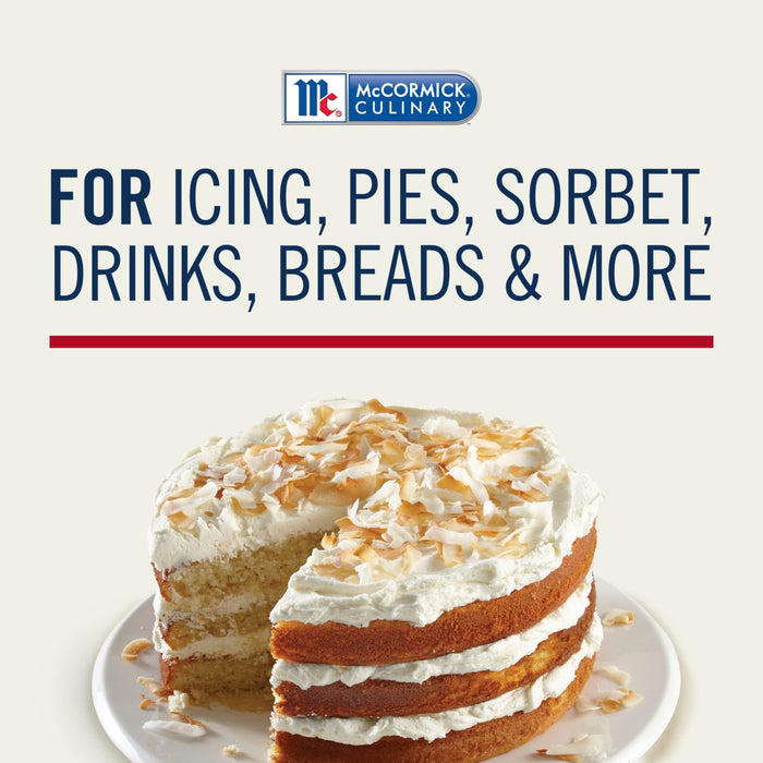 McCormick Vanilla Extract is advertised for use in icing, pies, sorbet, drinks, breads, and more, as shown with a layered cake topped with white frosting and toasted coconut.
