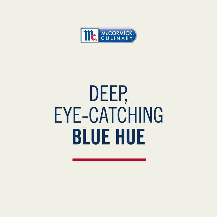A graphic for Mccormick Culinary Blue Food Coloring highlighting its deep, eye-catching blue hue with the McCormick Culinary logo at the top