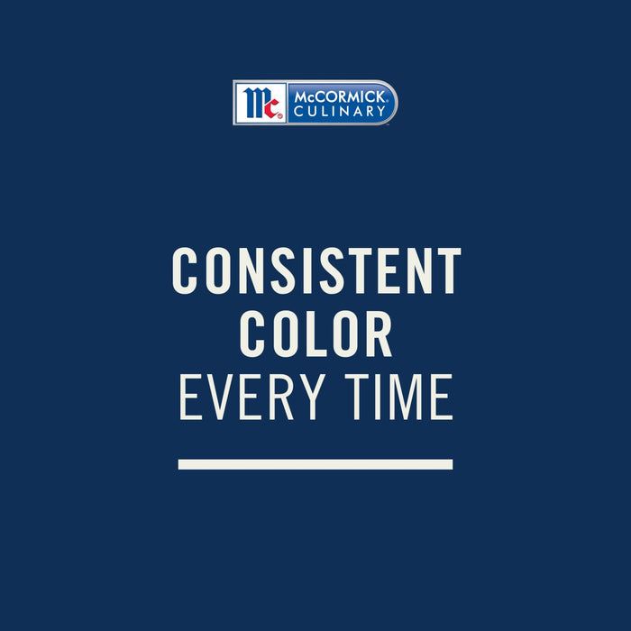 A promotional graphic for Mccormick Culinary Blue Food Coloring, displaying the McCormick Culinary logo and the text 'CONSISTENT COLOR EVERY TIME' on a dark blue background.