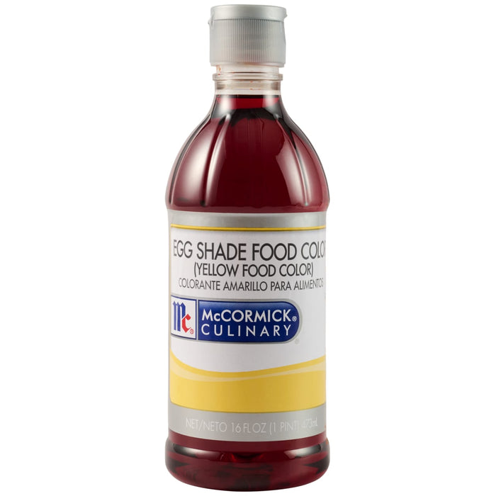 A bottle of Mccormick Culinary Egg Yellow Food Coloring 16 Oz is shown against a white background, with its label identifying the dark red liquid as yellow food coloring.