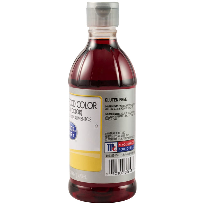 A clear plastic bottle of Mccormick Culinary Egg Yellow Food Coloring 16 Oz is shown against a white background, with the label detailing ingredients and the McCormick for Chefs logo.
