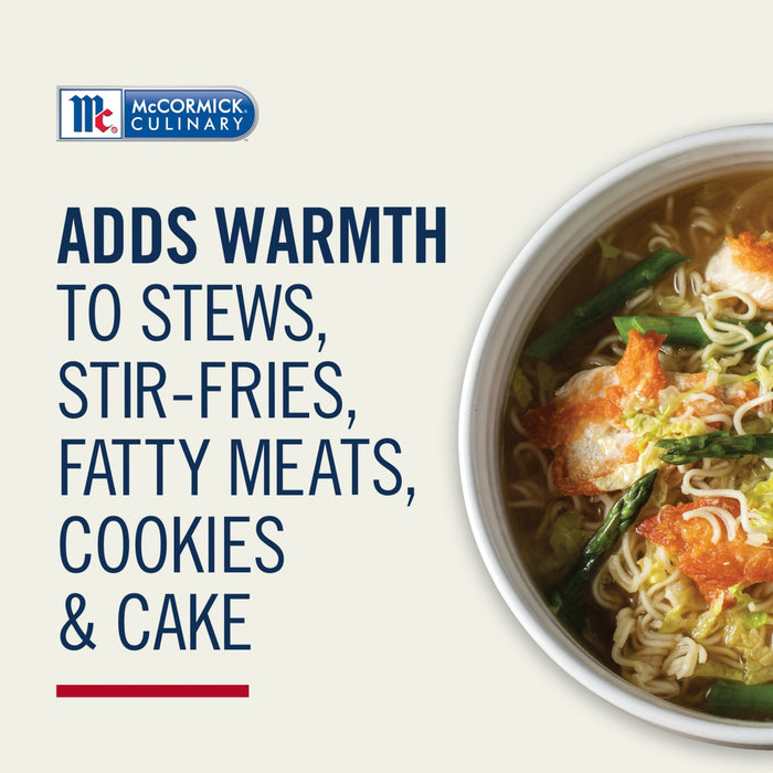 McCormick advertisement showing a bowl of soup and text that reads Adds warmth to stews, stir-fries, fatty meats, cookies and cake.