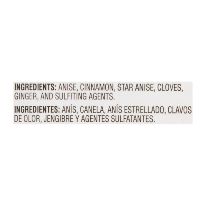 The ingredients for this product are anise cinnamon star anise cloves ginger and sulfites.