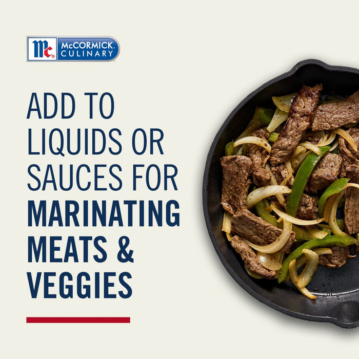 McCormick Culinary Beef Base is recommended to add to liquids or sauces for marinating meats and veggies, as shown in the image of a cast iron skillet with beef, onions, and green peppers.