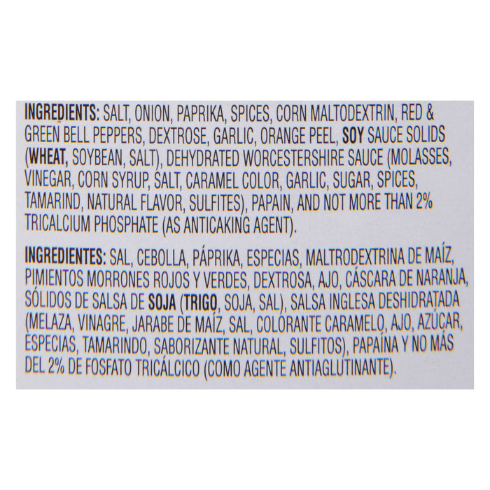 A list of ingredients for a product including salt onion paprika spices corn maltodextrin red and green bell peppers dextrose garlic orange peel soy sauce solids dehydrated Worcestershire sauce and more.