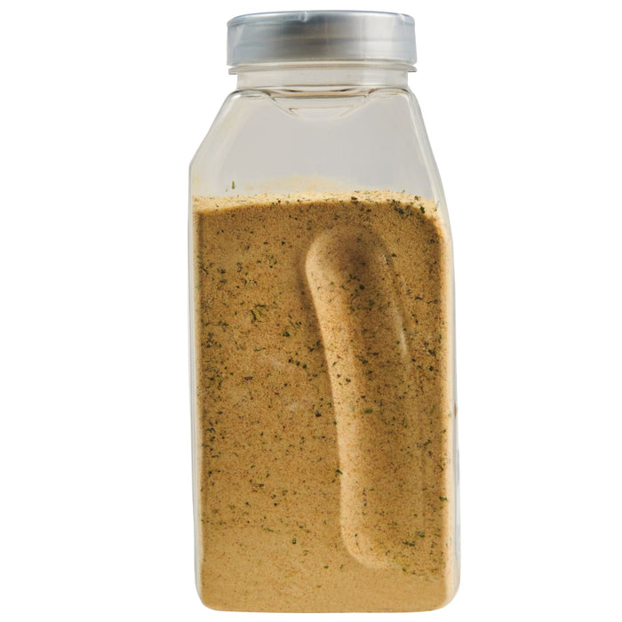 A clear plastic bottle filled with a yellow and green seasoning.