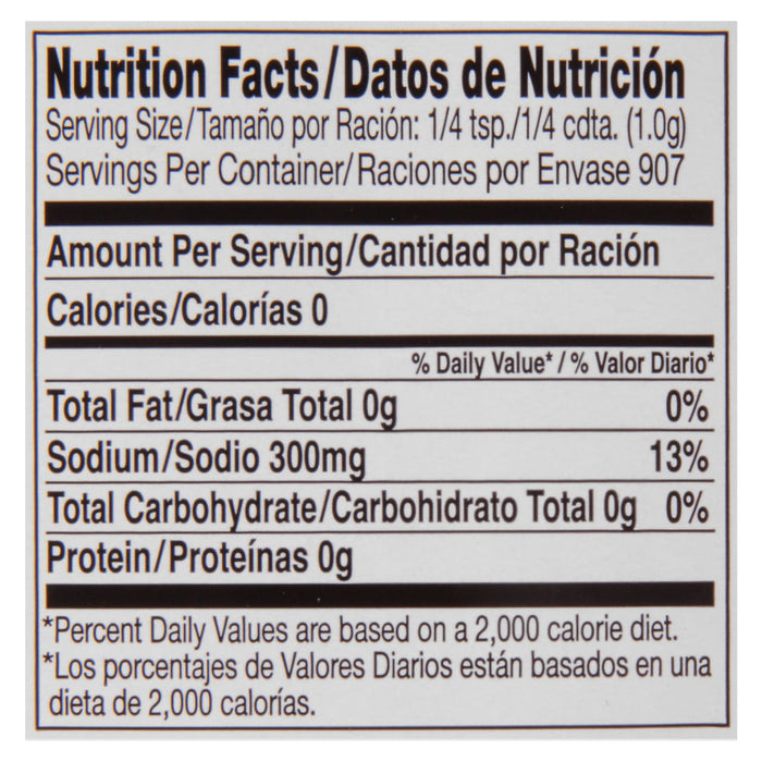 Nutrition facts label for a product with 0 calories 0g fat 300mg sodium 0g carbohydrates and 0g protein.