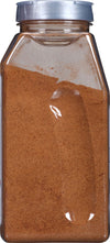 A clear plastic jar filled with brown ground cinnamon.