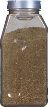 A clear plastic jar filled with a brown spice blend.