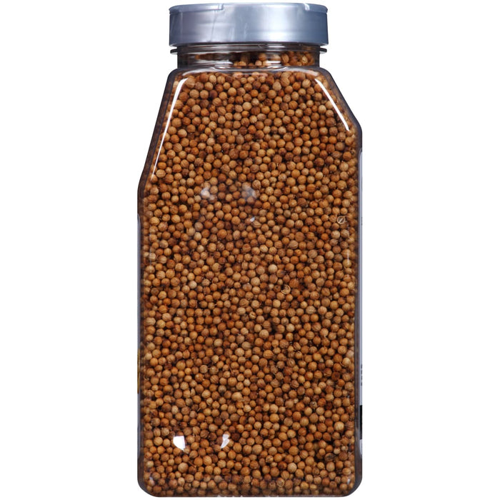A clear plastic jar filled with coriander seeds.