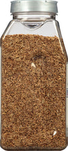 A clear plastic jar filled with dried dill seeds.