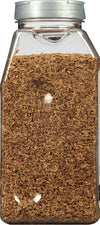 A clear plastic jar filled with dried dill seeds.