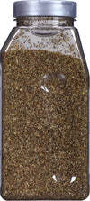 A clear plastic jar filled with dried oregano.