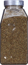 A clear plastic jar filled with dried oregano.