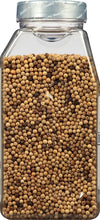 A clear plastic jar filled with white peppercorns.