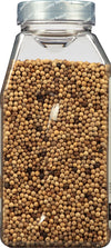 A clear jar filled with white peppercorns.