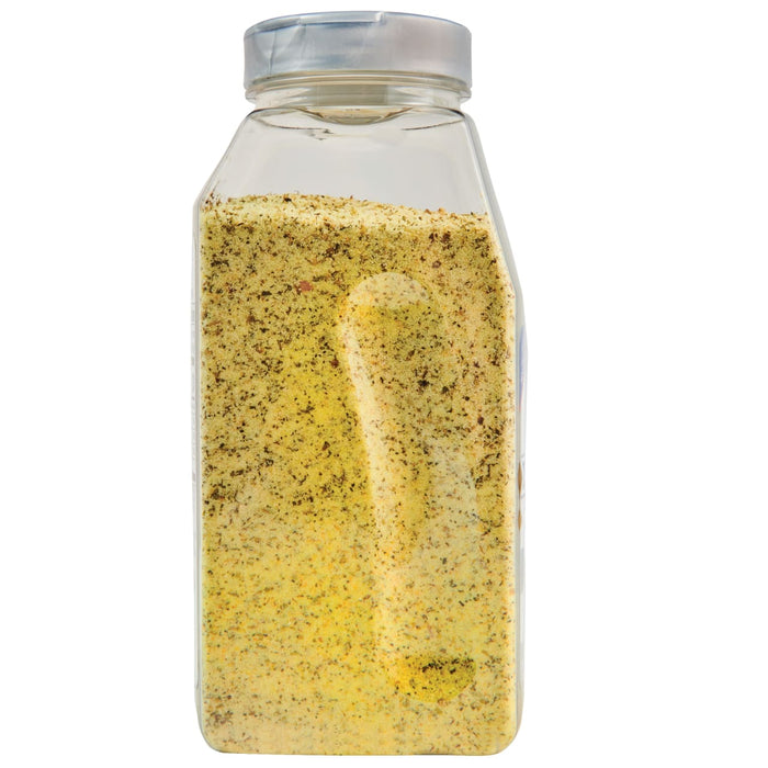 A clear plastic jar filled with yellow seasoning.