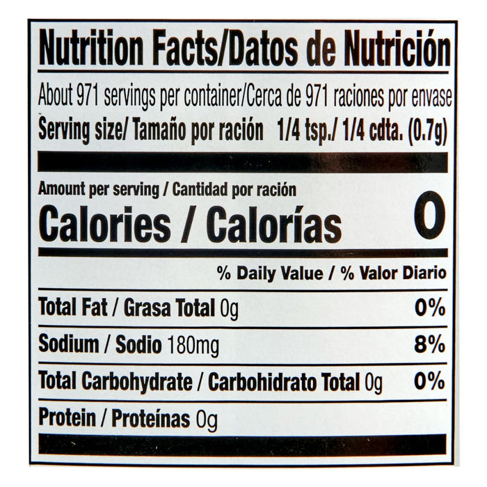 Nutrition facts label for a product with 0 calories 0g fat 180mg sodium 0g carbohydrates and 0g protein.